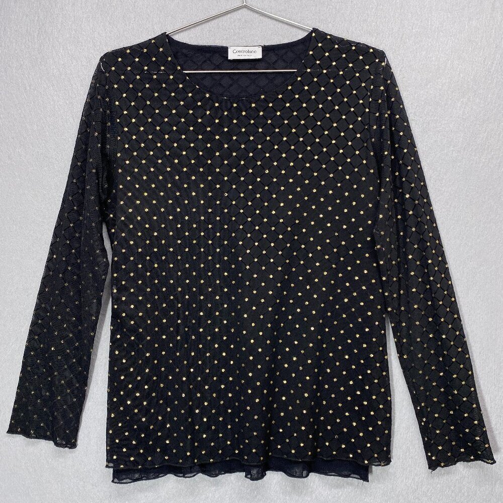 Controluce Top Womens Medium Black Gold Metallic Sheer Mesh Made in Italy